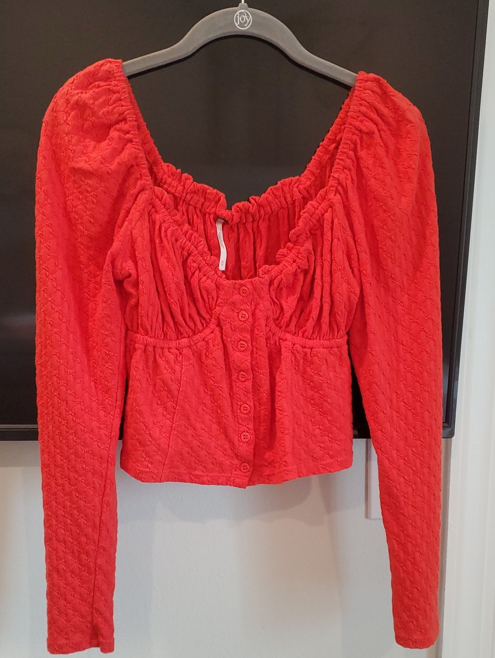 Free People Red Ruched Button-Front Long Sleeve Peasant Top
